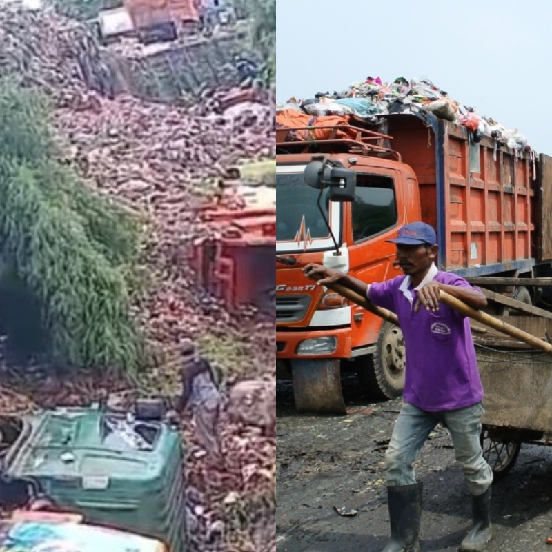 Kolase proses evakuasi tiga truk sampah yang terperosok ke Kali Adem akibat longsoran tumpukan sampah di TPST Bantargebang, Kota Bekasi.&rdquo; (Sumber: berbagai sumber)