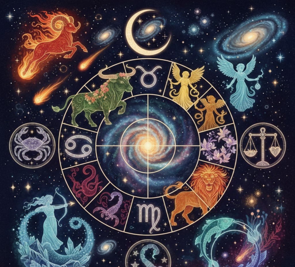 Ilustrasi simbol zodiak yang dikaitkan dengan ramalan keberuntungan awal tahun.&rdquo;
