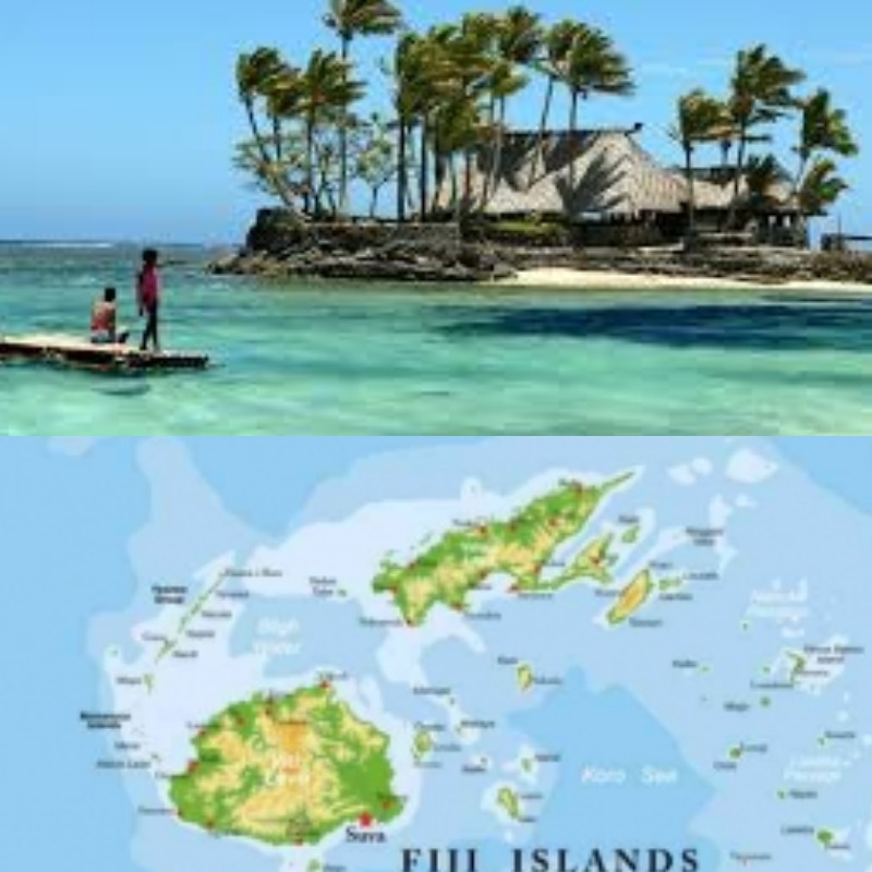 Potret Kepulauan Fiji yang didominasi lautan biru di Samudra Pasifik Selatan. Negara kepulauan ini dikenal dengan ratusan pulau, pantai alami, serta keindahan bawah laut yang menjadi daya tarik wisata