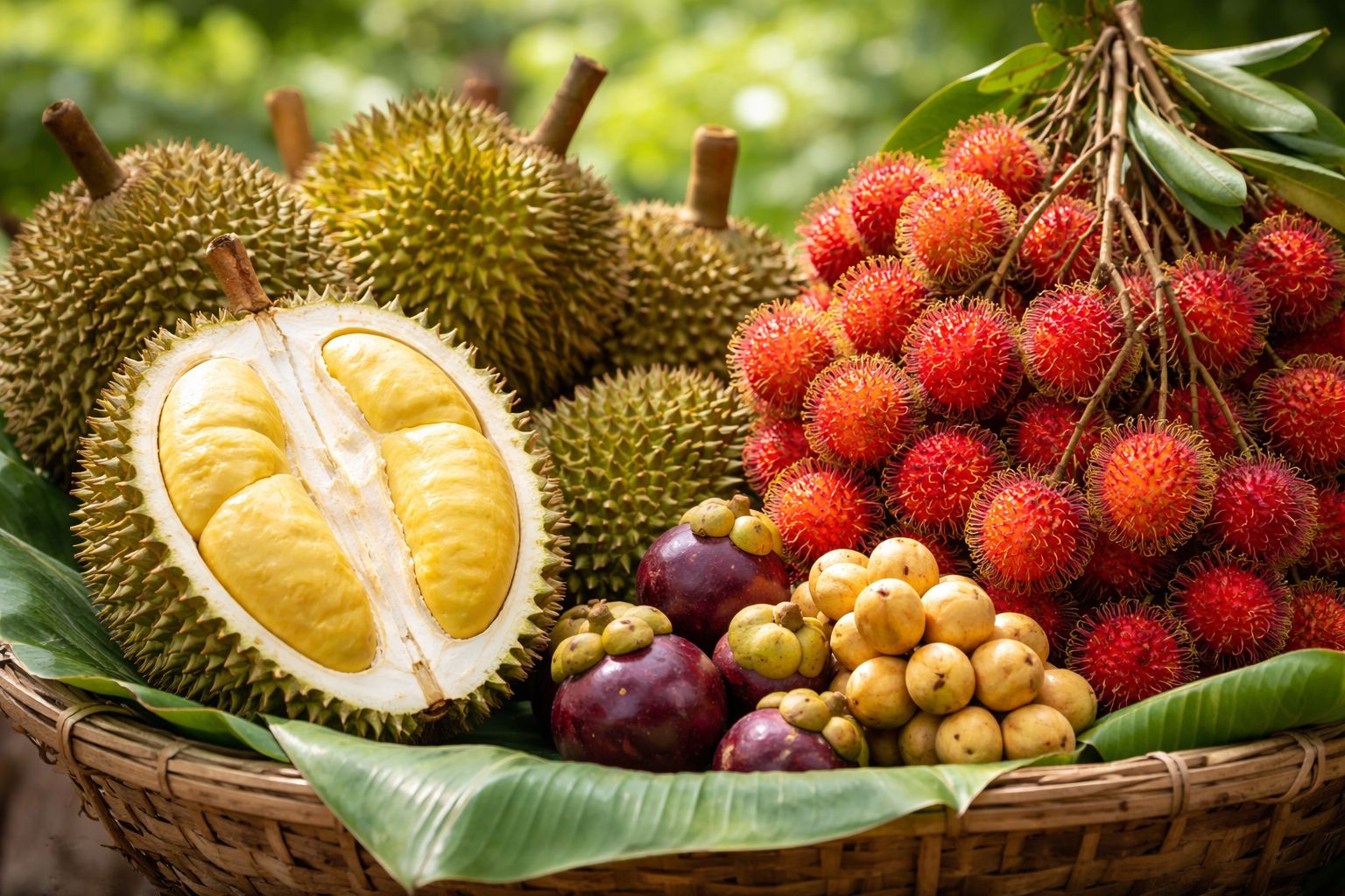 Ilustrasi saat musim durian dan rambutan tiba, sejumlah buah tropis lain juga turut hadir. (AI)