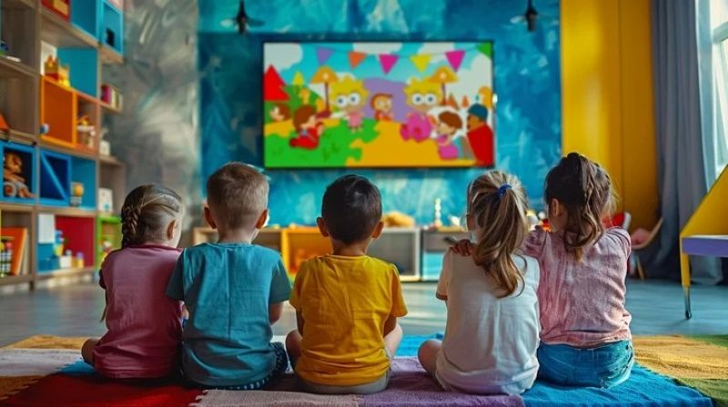 Ilustrasi anak menonton tayangan televisi.