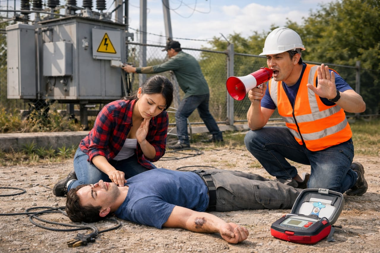 Ilustrasi orang menangani korban kesetrum