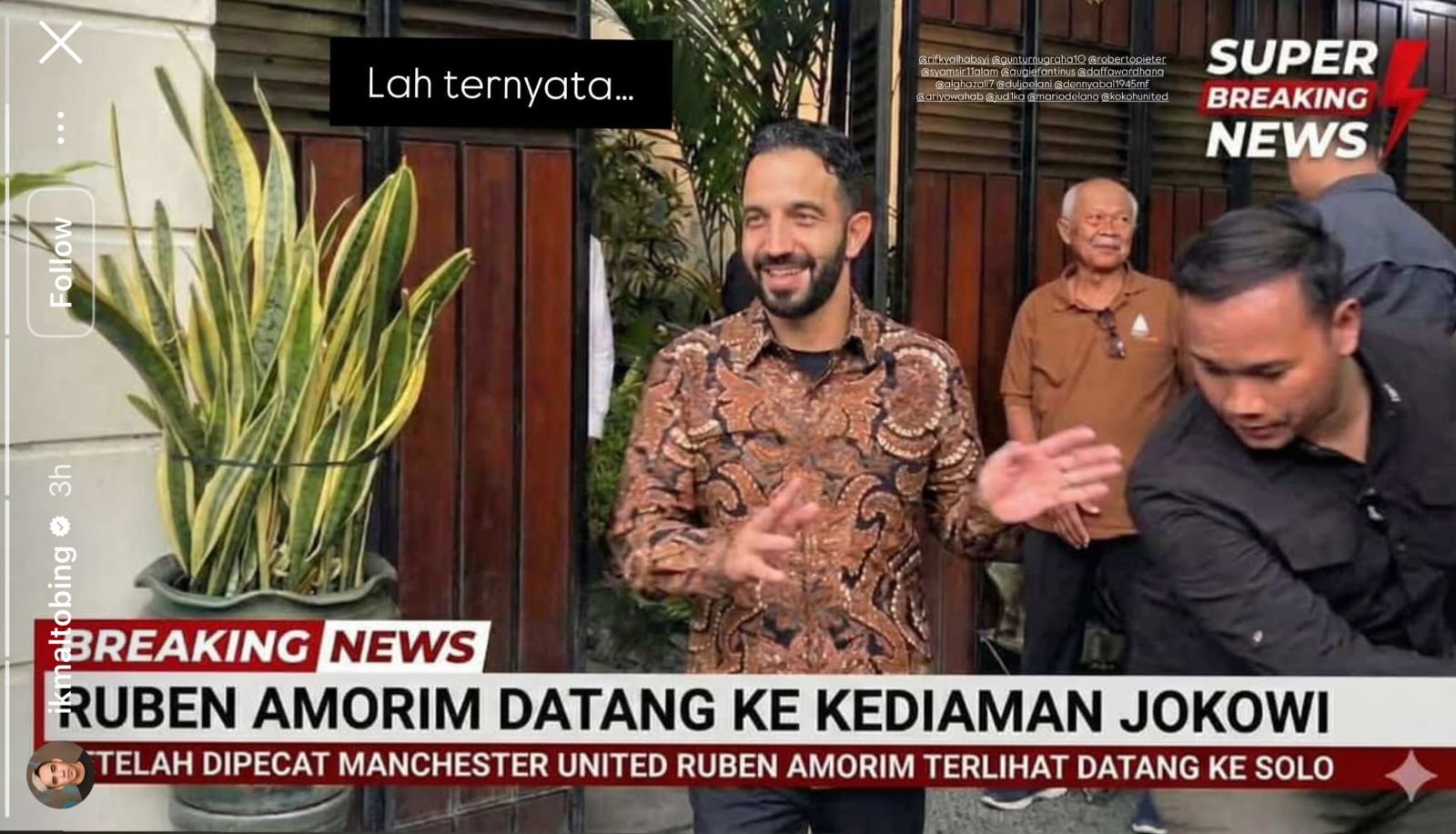 Editan lucu dari salah satu penggemar Manchester United sebagai bentuk kekecewaan atas pemecatan Ruben Amorim. (Instagram/@ikmaltobing)