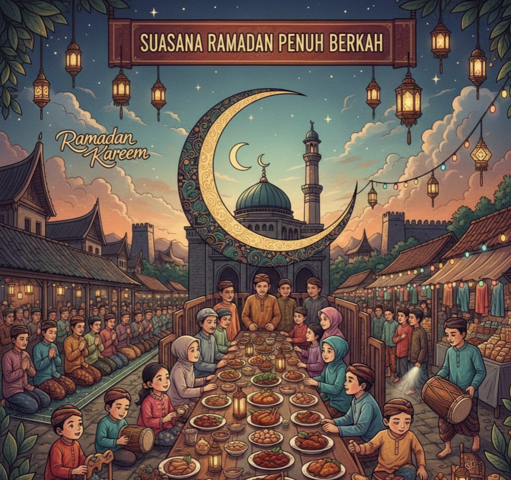 Ilustrasi suasana Ramadan yang menggambarkan berbagai tradisi masyarakat dalam menyambut dan menjalani bulan suci penuh berkah. &ldquo;