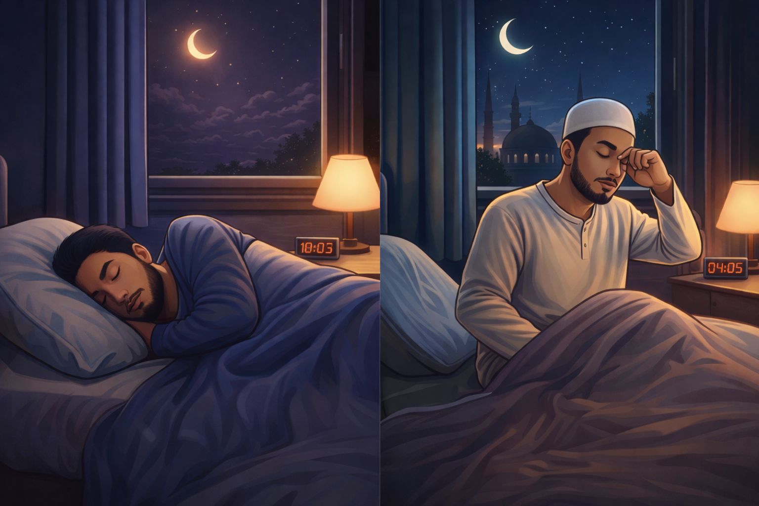 Latihan tidur lebih awal dan bangun sebelum subuh menjadi salah satu persiapan agar saat bulan Ramadan tidak melewatkan waktu sahur. (Ilustrasi/AI)