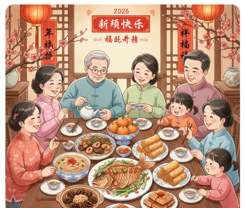 Ilustrasi makanan khas Imlek yang tersaji di meja keluarga, melambangkan doa keberuntungan, keharmonisan, dan rezeki di Tahun Baru Imlek 2026.&rdquo;