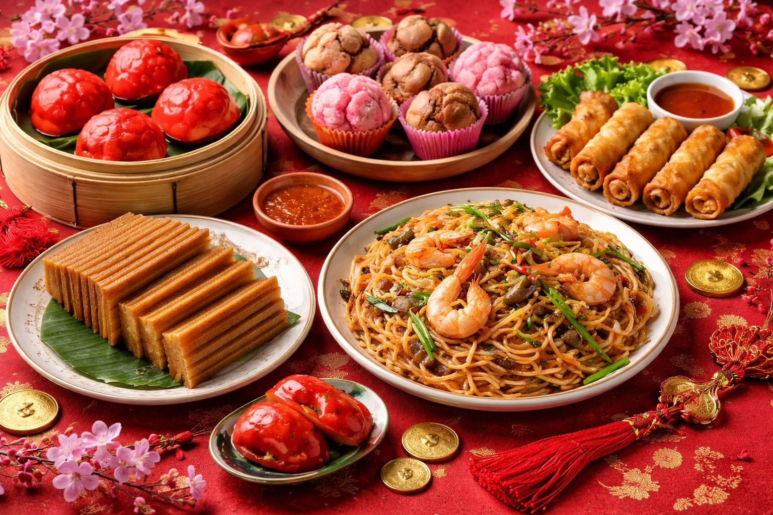 Ilustrasi lima makanan khas imlek. (Pinterest)