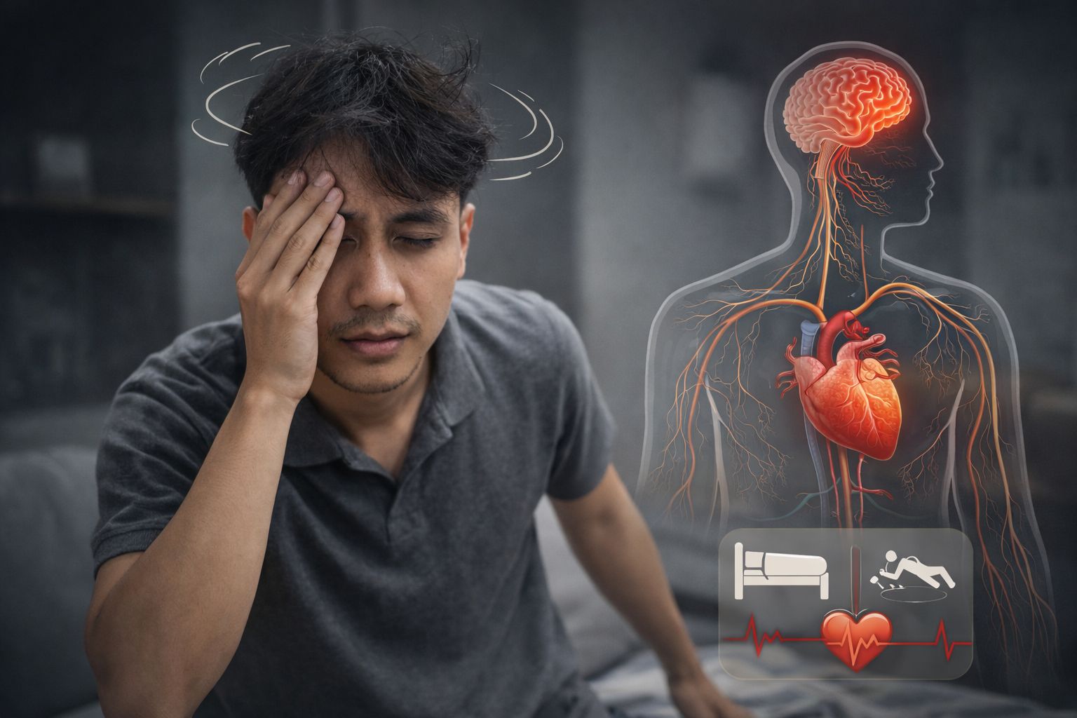 Anak muda yang sering rebahan kerap mengalami pusing dan pandangan kabur sesaat saat berdiri, kondisi yang dikenal sebagai hipotensi ortostatik (Ilustrasi/AI)