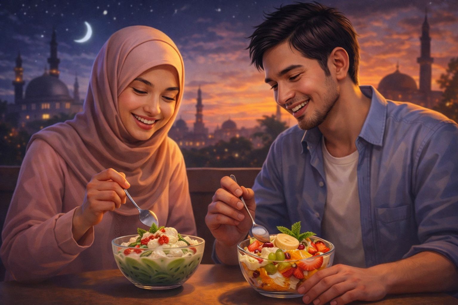 Asupan makanan dan minuman manis sebaiknya dikonsumsi saat berbuka puasa, bukan saat sahur, agar energi lebih stabil selama berpuasa. (Ilustrasi/AI)