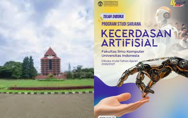 Gedung rektorat Universitas Indonesia (UI) serta poster berisi pengumuman UI membuka program studi baru.