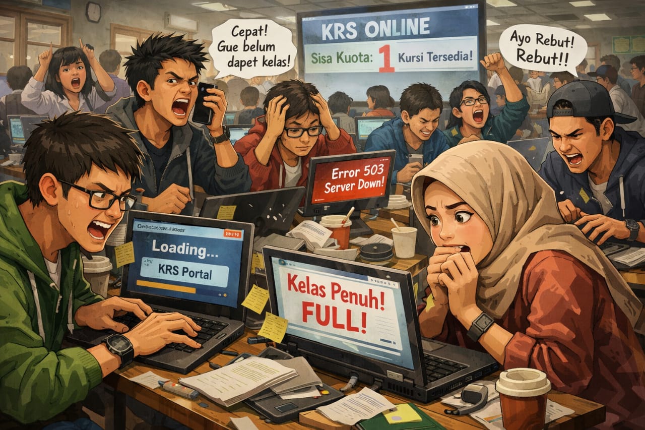 ilustrasi mahasiswa sedang war krs (ai)