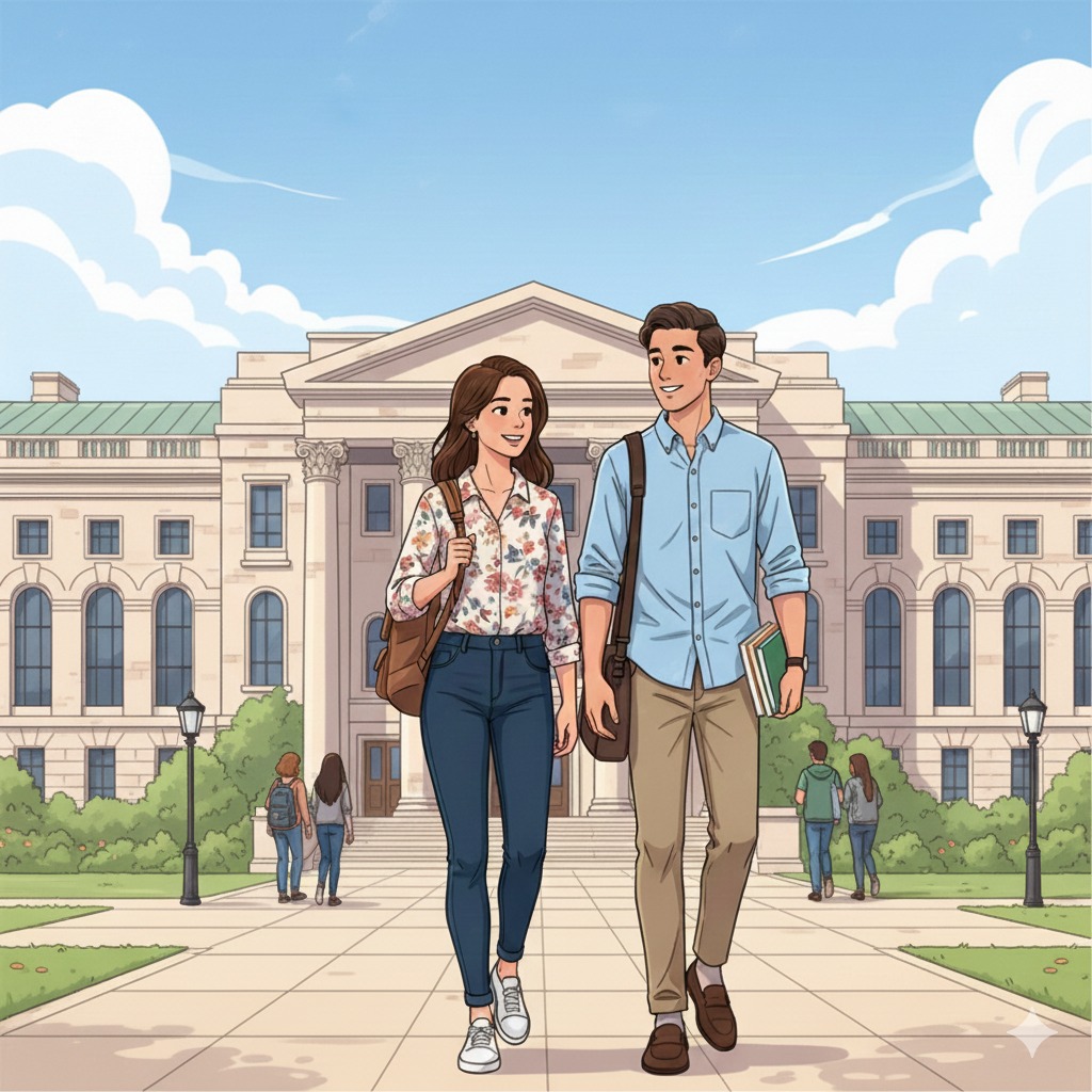 Ilustrasi mahasiswa dan mahasiswi mengenakan pakaian rapi dan kemeja saat mengikuti perkuliahan di kampus.&rdquo;