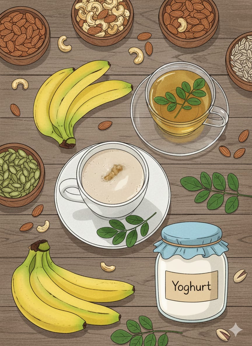 Alternatif Makan yang bisa membantu tidur lebih efektif: Pisang, Yogurt, Susu, Kacang -  kacangan, Teh Herbal. (AI/Gemini)