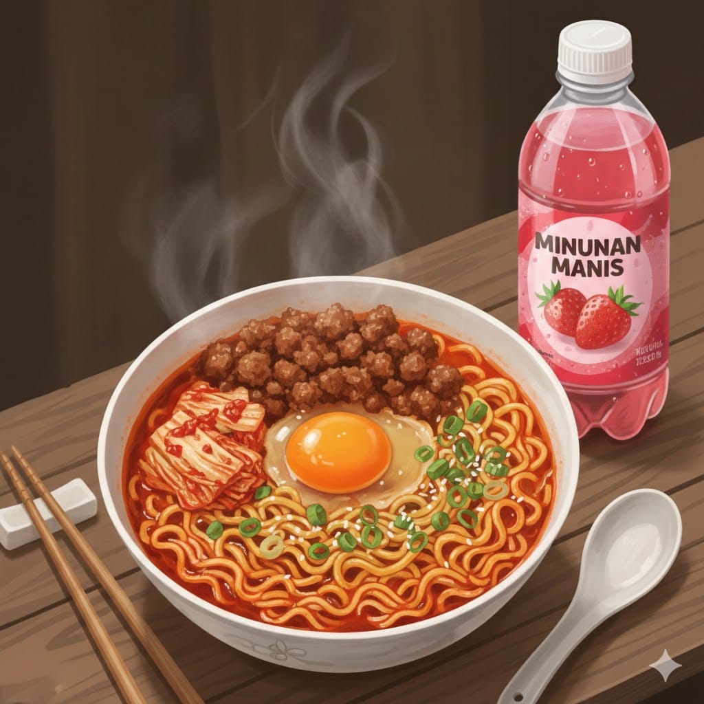 Ilustrasi Mie instan dengan toping telur, kornet dan kimchi, juga minuman yang manis (AI/Gemini)