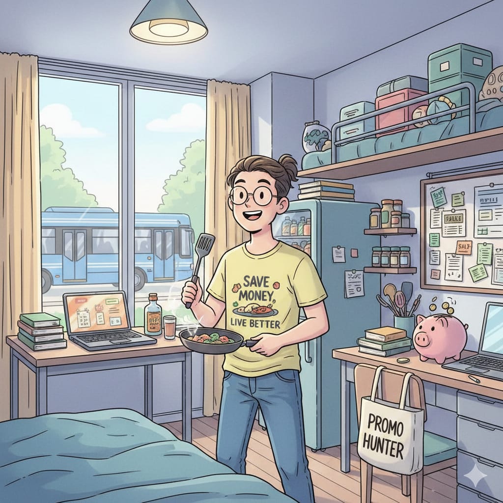 Ilustrasi seorang mahasiswa di kamar kos yang lengkap, sedang memasak. Terlihat gaya hidup hemat namun berkualitas. (AI/Gemini)