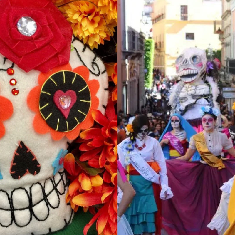 Tradisi unik D&iacute;a de Muertos di Meksiko yang dirayakan dengan altar ofrenda, bunga marigold, dan simbol tengkorak warna-warni. &ldquo;(Sumber: kolase berbagai sumber)