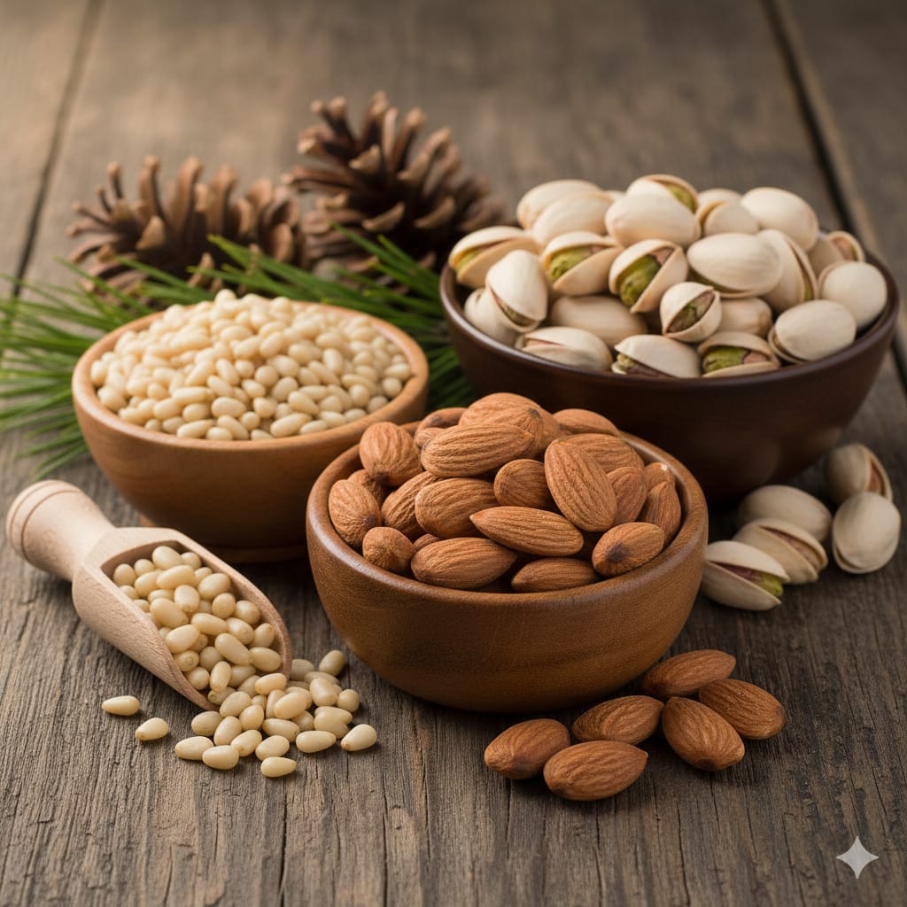 Tiga jenis kacang yang kaya akan nutrisi, Pistachio, Almond, dan Pinus. (AI/Pinterest)