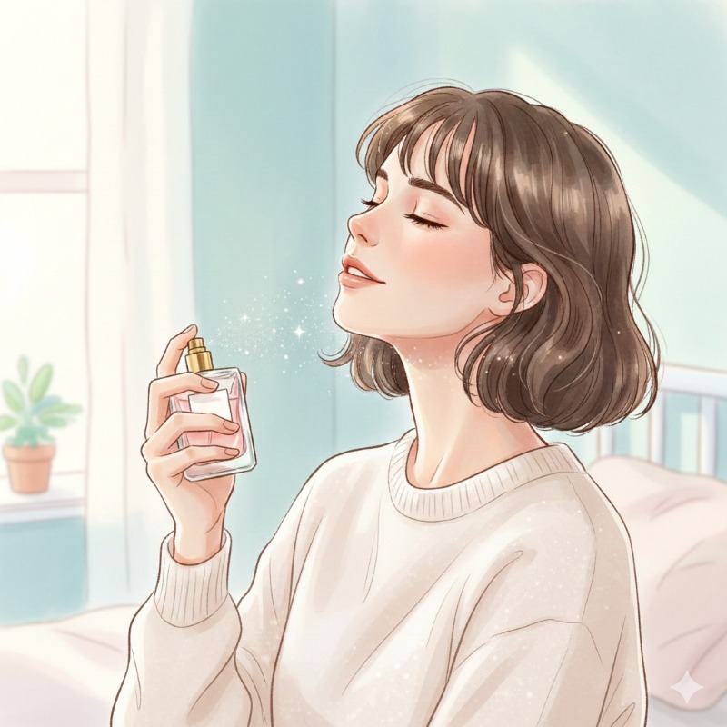Ilustrasi menyemprotkan parfum di leher.