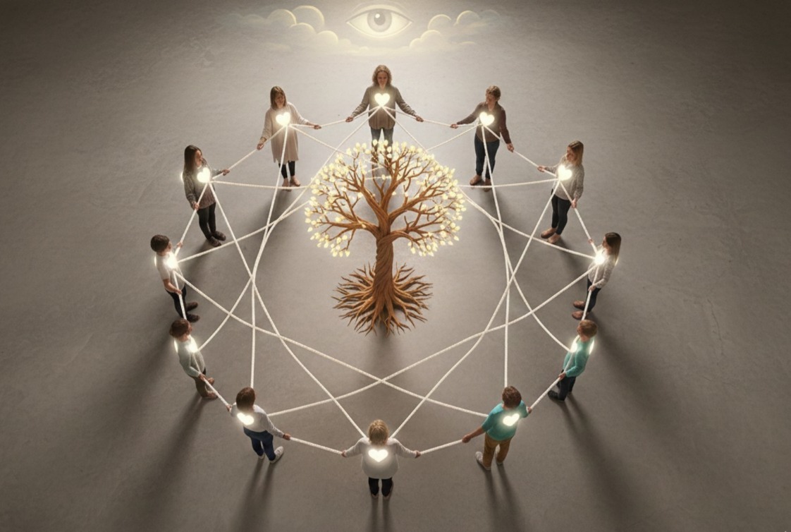 &ldquo;Ilustrasi terapi family constellation yang menggambarkan anggota keluarga saling terhubung, berdampingan, dan berproses bersama untuk memulihkan luka batin serta memutus rantai trauma antargenerasi.&rdquo;