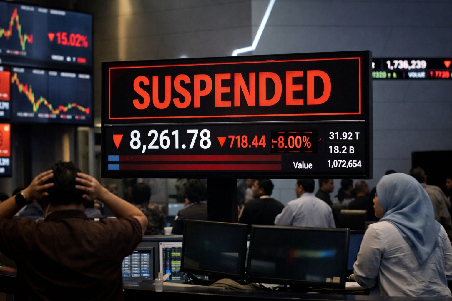 Perdagangan seluruh saham di Bursa Efek Indonesia dibekukan sementara saat trading halt, Rabu siang (28/01/2026). (Ilustrasi/AI)