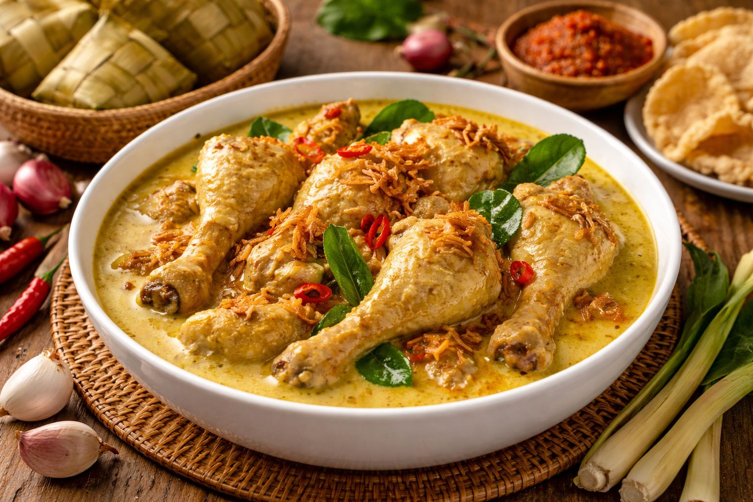 Ilustrasi resep opor ayam utuk menu awal puasa Ramadan. (AI ChatGPT)