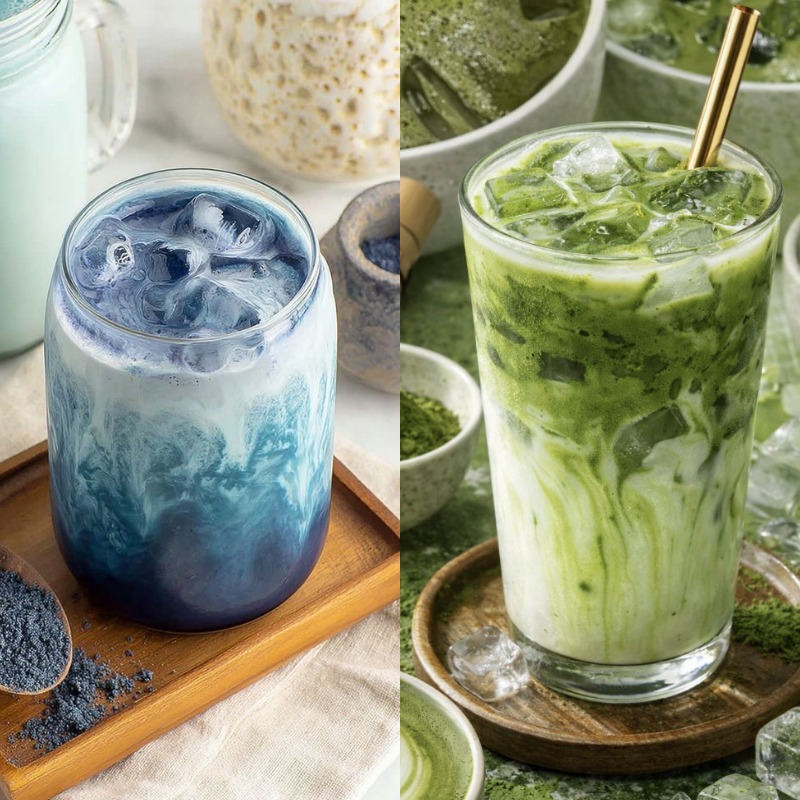 &ldquo;Perbandingan blue matcha dari bunga telang dan matcha hijau asli berbahan daun teh Camellia sinensis.&rdquo; (Sumber: kolase berbagai sumber)