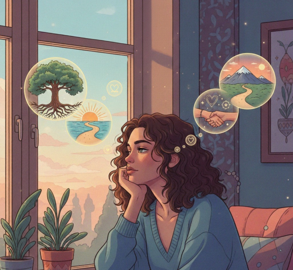 &ldquo;Ilustrasi seorang perempuan yang tengah merenung, merefleksikan pilihan hidup dan harapan akan masa depan.&rdquo;