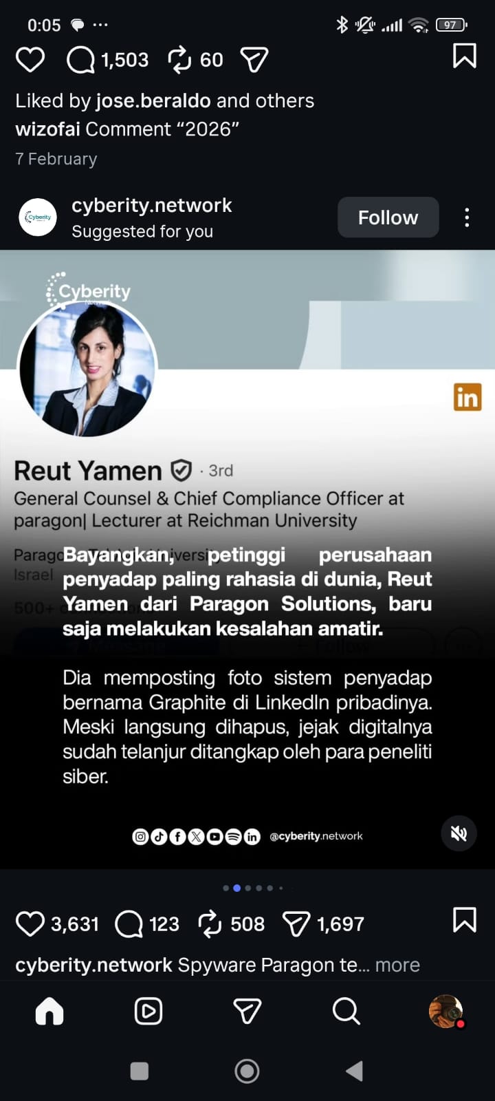 Seorang eksekutif senior perusahaan tersebut, Reut Yamen, secara tidak sengaja memposting foto sistem penyadap bernama Graphite di akun LinkedIn pribadinya.