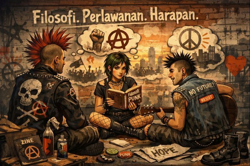 Ilustrasi tiga orang anak punk yang tengah berkumpul.