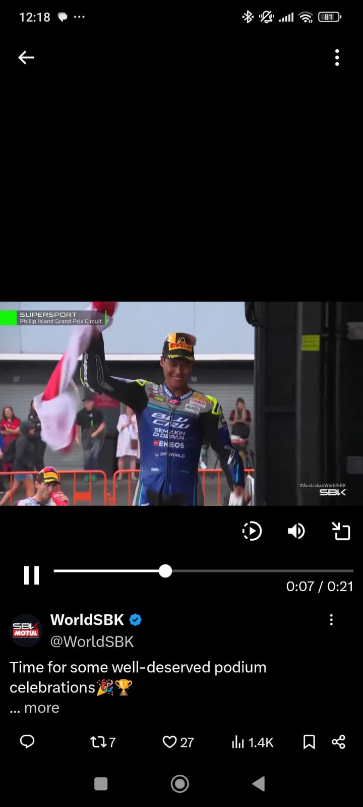 Aldi Satya Mahendra meraih podium di WorldSSP 2026 di Philip Island, Australia (22/2/2026).