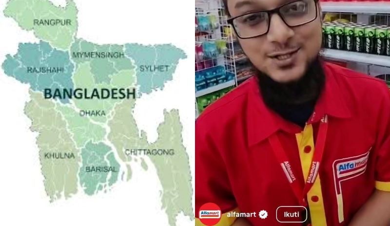 Peta Bangladesh serta video karyawan Alfamart di Bangladesh yang diunggah melalui akun Instagram resmi Alfamart. 