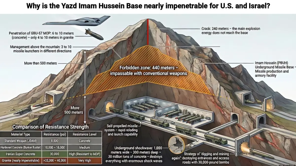 Basis rudal bawah tanah Imam Hussein di Yazd, Iran menjadi sorotan dunia. Dibangun di dalam gunung granit Shirkuh yang super keras, fasilitas milik Korps Pengawal Revolusi Islam (IRGC). (AI Image Generator)