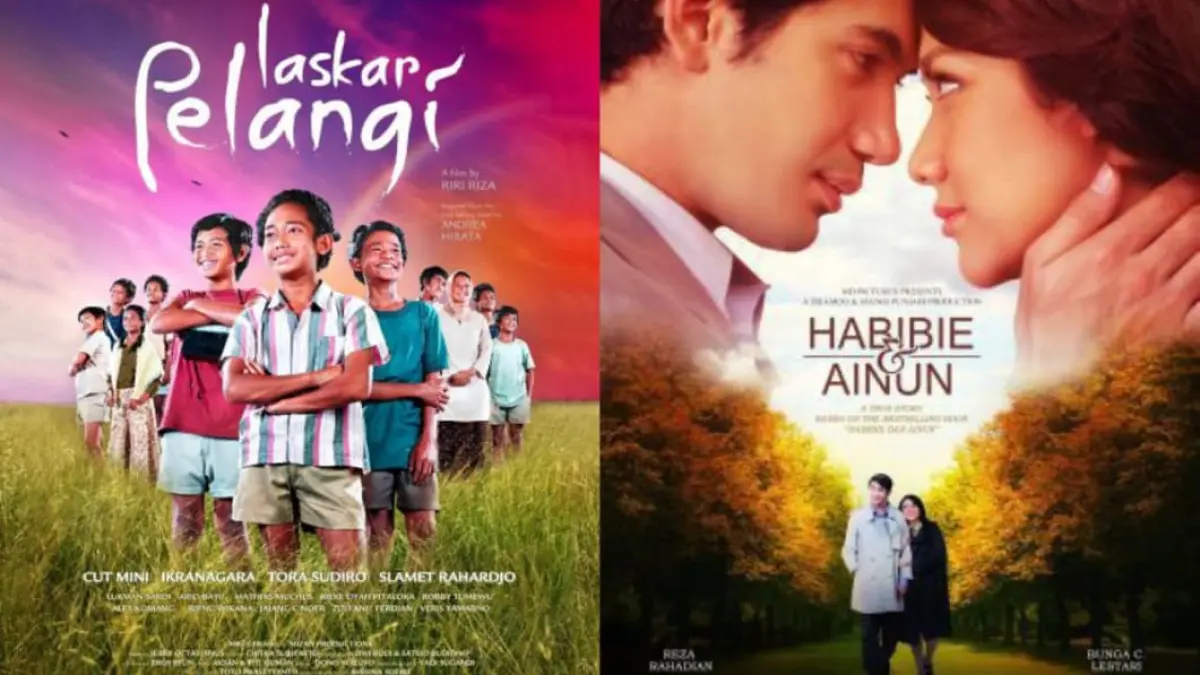 Kolase poster film Laskar Pelangi dan Habibie & Ainun.