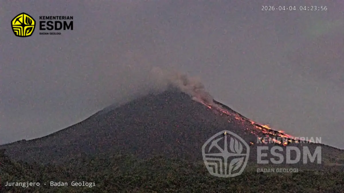 Gunung Merapi mengeluarkan Awan Panas Guguran (APG). Terekam dari CCTV Jurangjero. (Badan Geologi) 