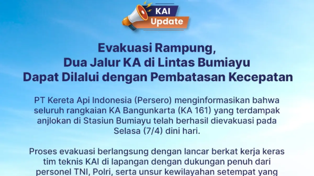 Evakuasi anjlokan kereta Bangunkarta di Brebes sudah selesai. (KAI)