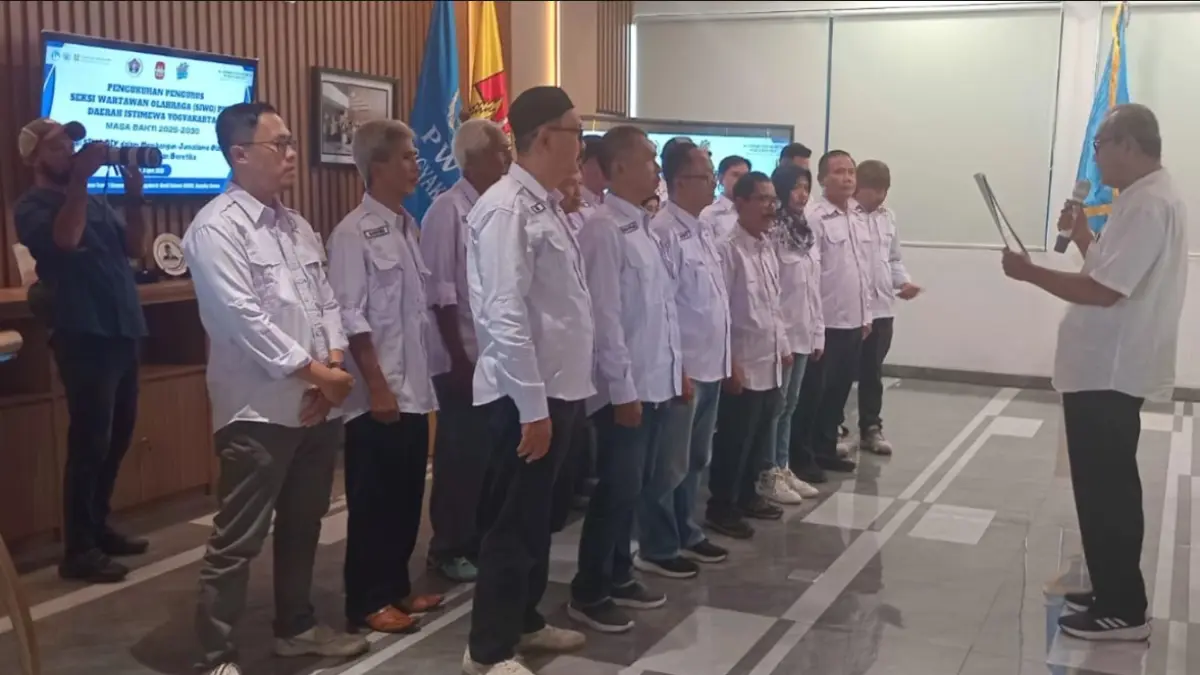 Acara pengukuhan Kepengurusan Seksi Wartawan Olahraga Persatuan Wartawan Indonesia (Siwo PWI) DIY Masa Bakti 2025-2030 digelar di Gedung Al Azhar Yogyakarta World Schools (AYWS) Gamping, Sleman, DIY, pada Kamis (9 April 2026). (Foto: Istimewa)
