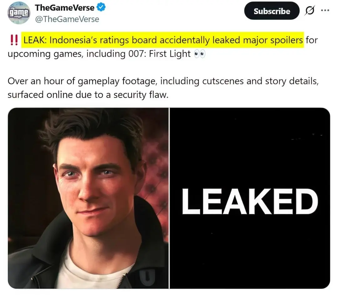  Komunitas online menemukan ribuan materi sensitif, termasuk lebih dari satu jam footage gameplay dan spoiler ending game James Bond 007: First Light, serta proyek Bandai Namco. 
