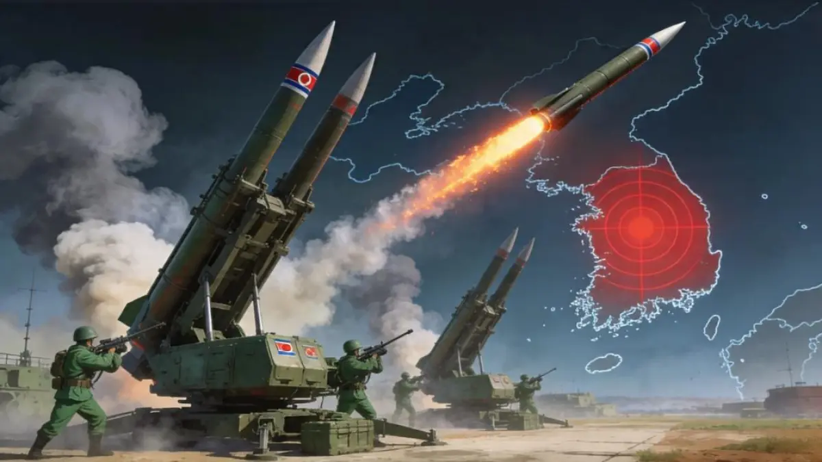 Ilustrasi militer Korea Utara menembakkan rudal balistik. (AI Image Generator) 
