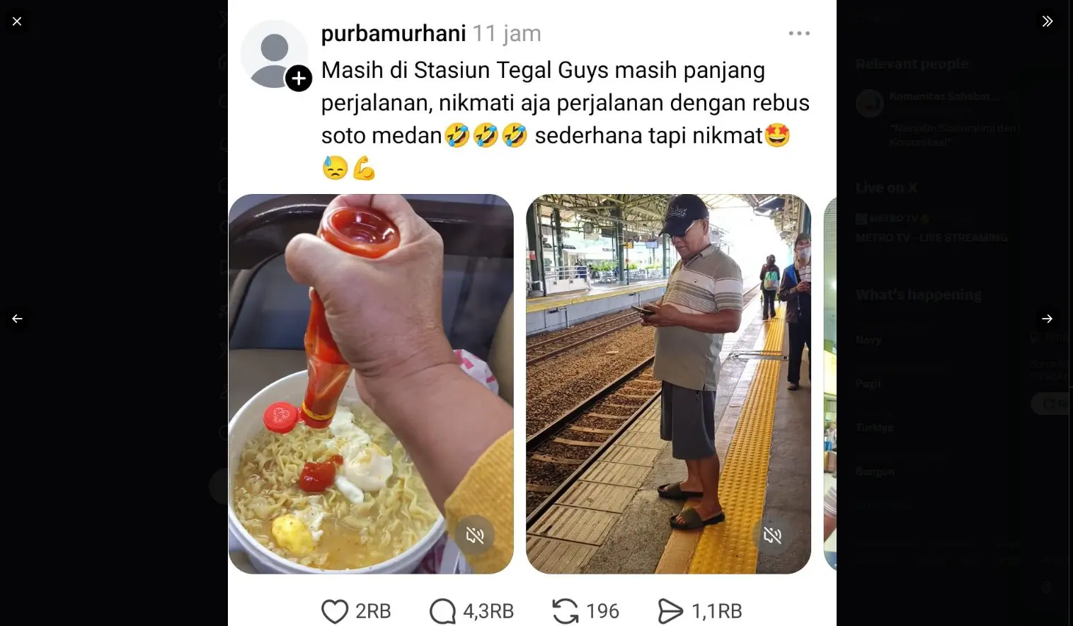 Penumpang tersebut juga posting di medsos. Menjelaskan dirinya memasak mie di dalam gerbong.