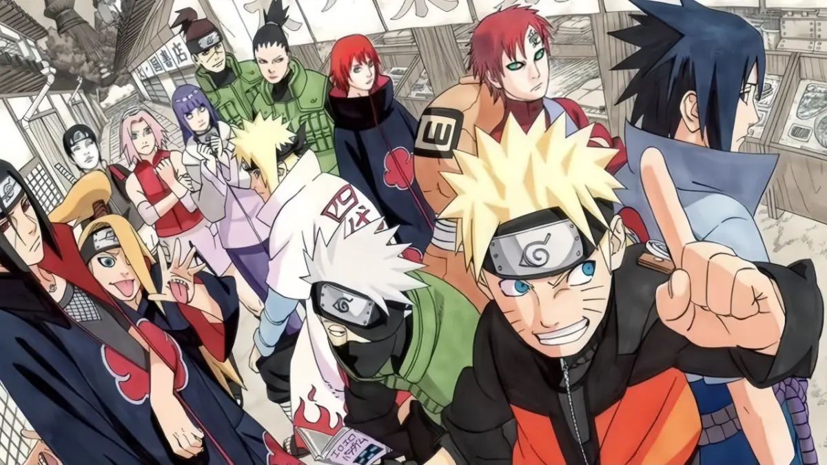 Foto yang menampilkan Naruto Uzumaki bersama karakter serial Naruto seperti Sasuke, Kakashi, Gaara, hingga anggota Akatsuki dengan latar belakang jalanan Konoha. (Sumber: Pinterest)