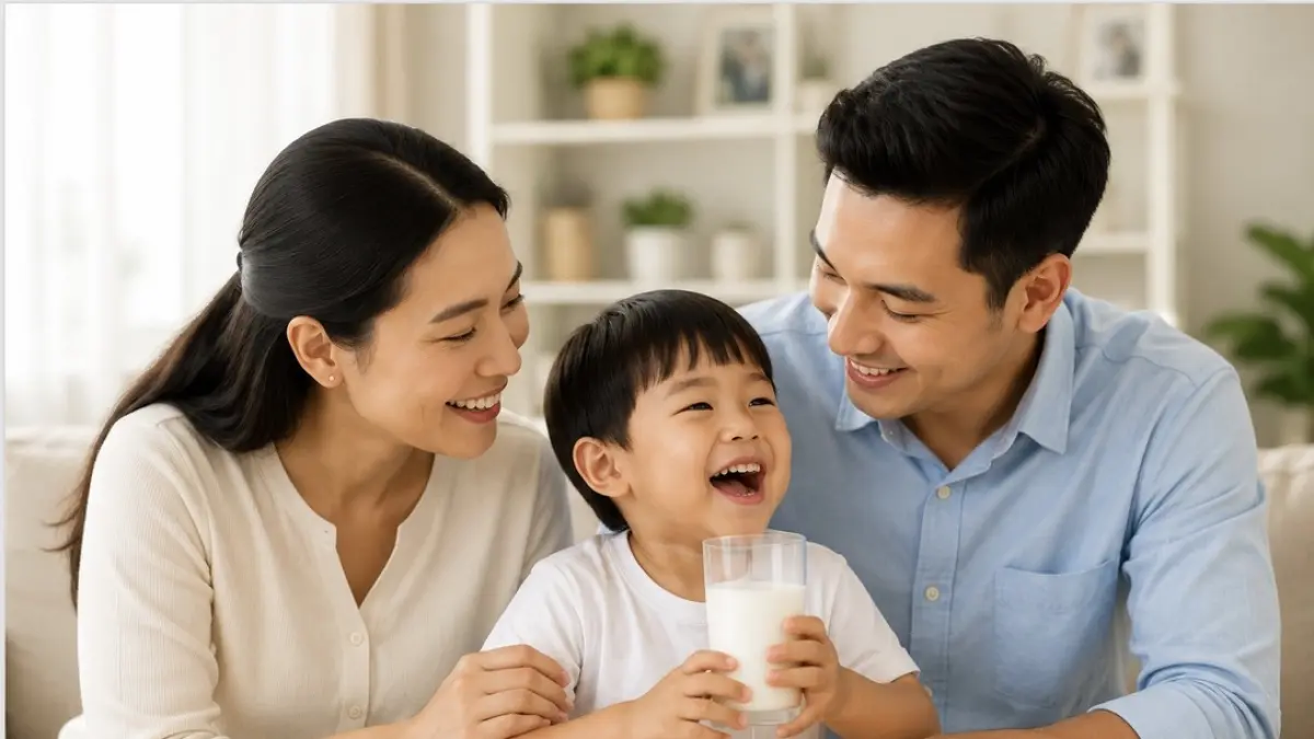 Ayah dan ibu mendampingi anak meminum susu