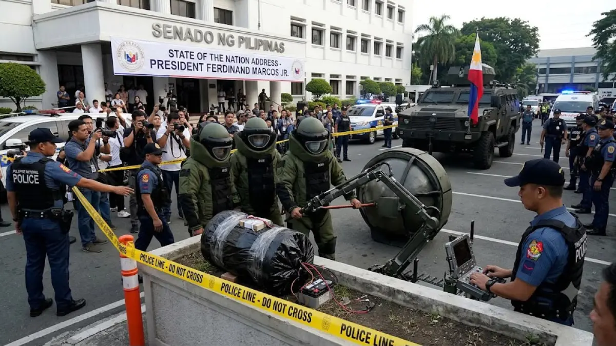 Ilustrasi Aparat Penjinak Bahan Peledak (EOD) Kepolisian Filipina mengamankan benda diduga bom rakitan (IED) di sekitar Gedung Senat Pasay menjelang pidato kenegaraan Presiden Ferdinand Marcos Jr. (AI Generated)