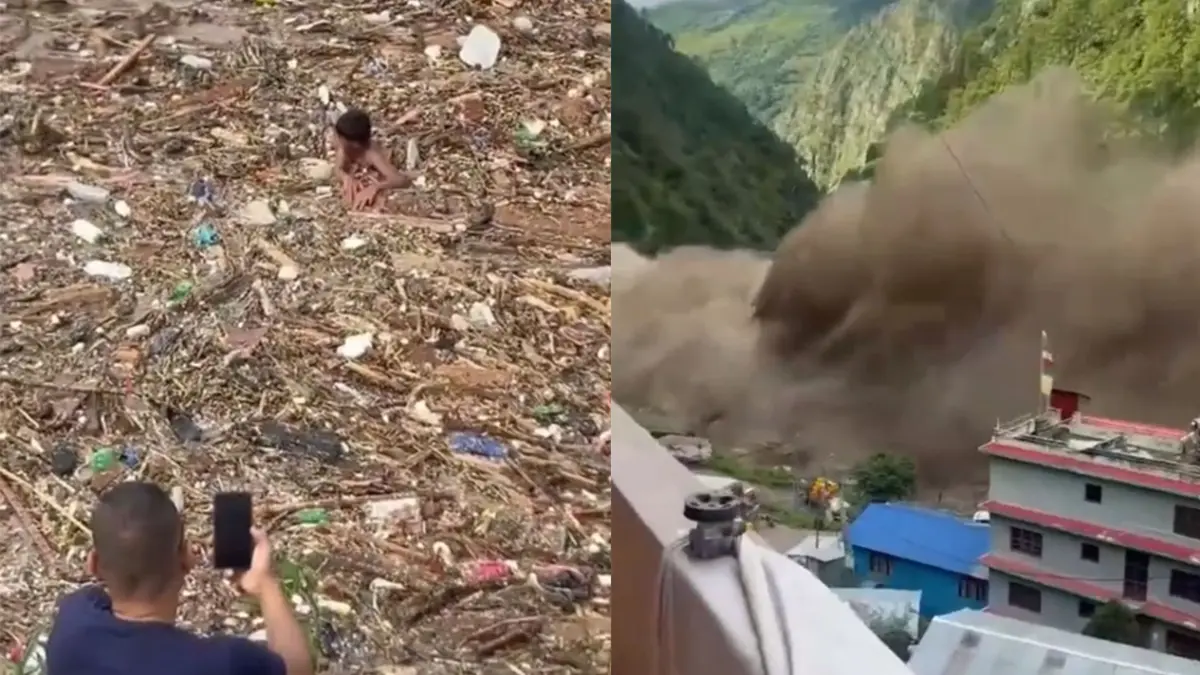 Detik-detik banjir bandang di Nepal.