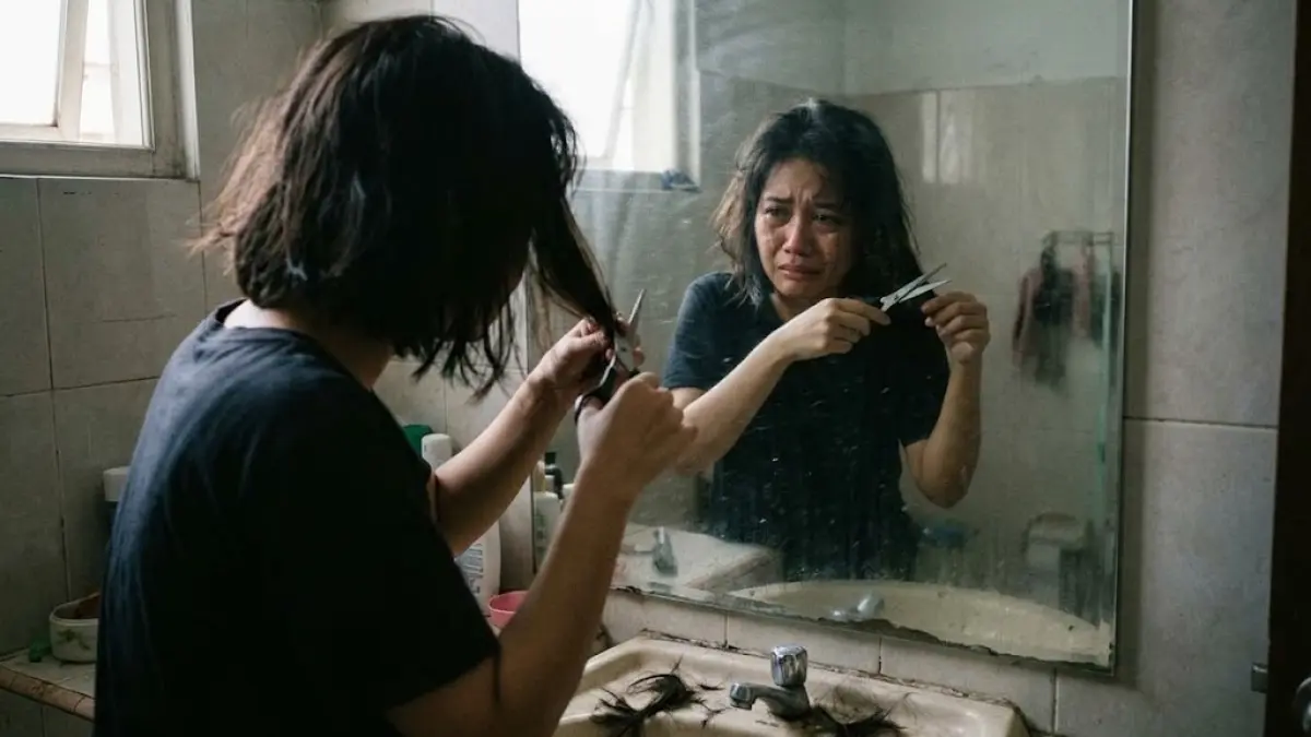 Ilustrasi perempuan potong rambut pendek karena stress. (AI Generated)
