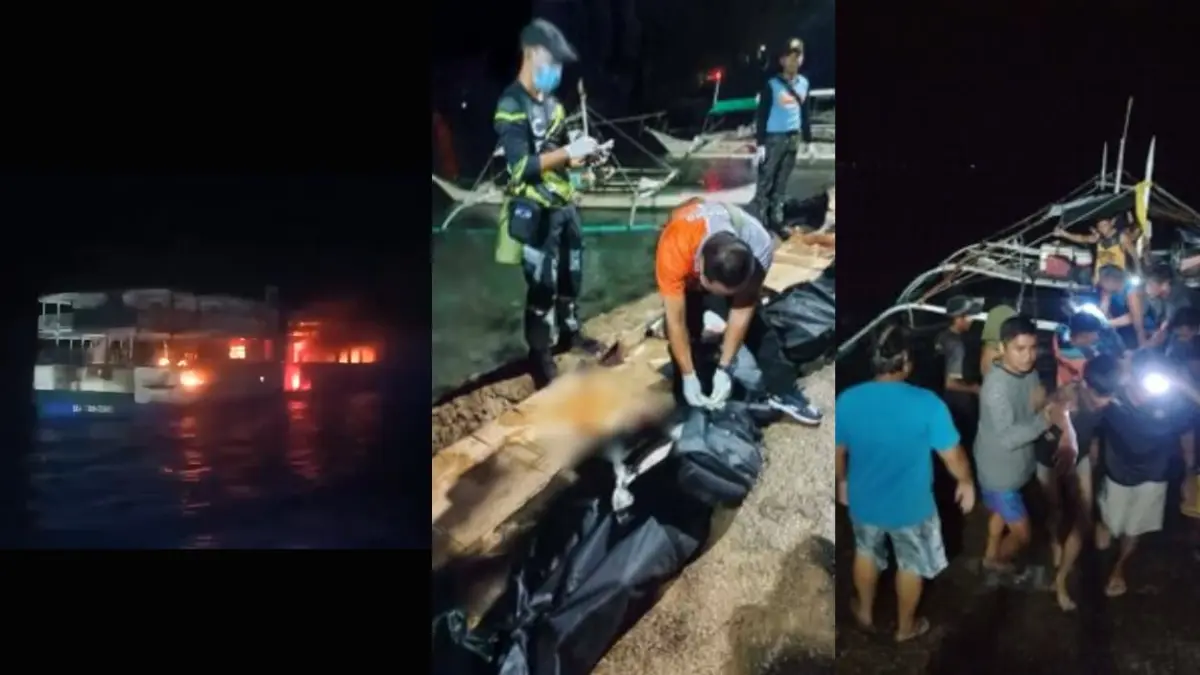 Kebakaran feri MV June Aster di perairan Palawan, Filipina barat, pada 9 September 2026. (foto: kolase dari berbagai sumber)