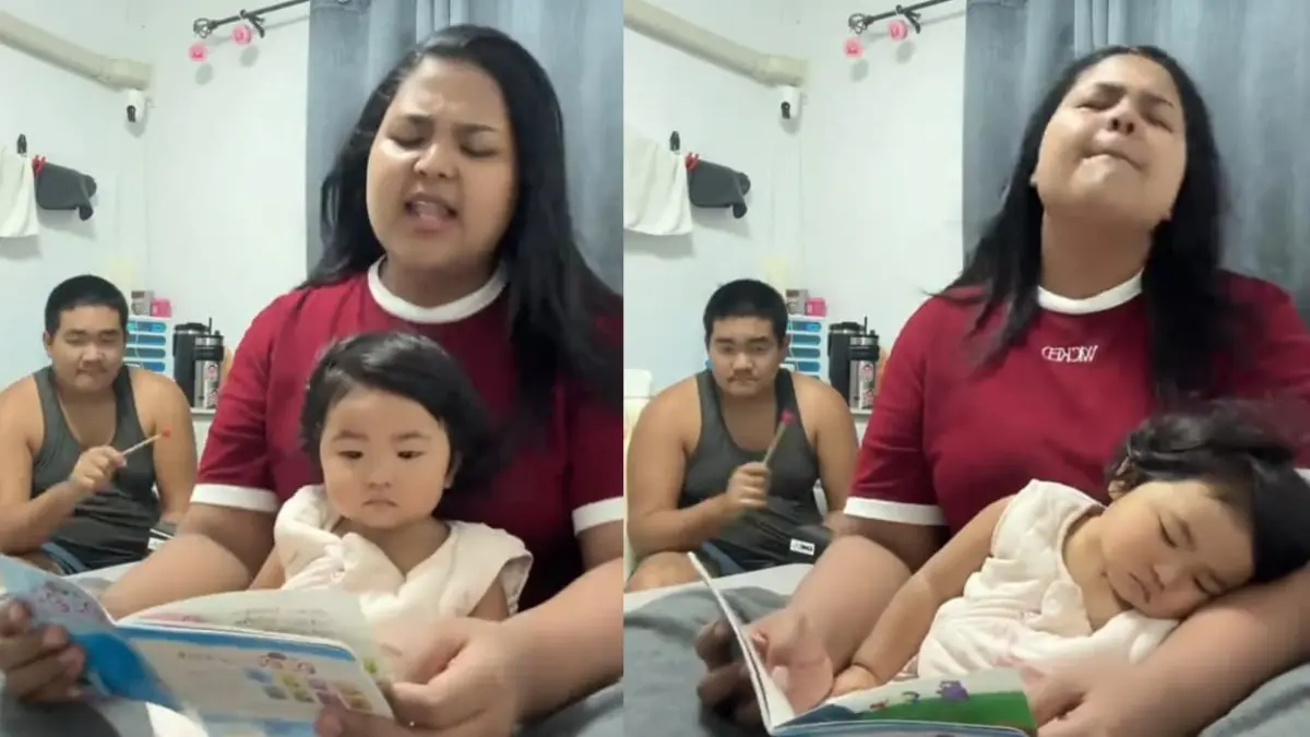 Momen saat orang tua di Thailand membacakan dongeng dengan suara keras diiringi alat musik untuk menidurkan anaknya. (foto: tangkapan layar via TikTok @vaniaantiya)