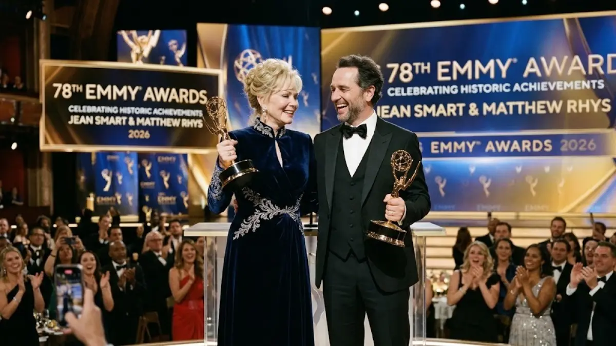 Jean Smart dan Matthew Rhys menjadi dua bintang yang mencuri perhatian dalam Emmy Awards 2026 setelah mencatat sejumlah pencapaian bersejarah dalam ajang penghargaan televisi. Sumber foto : ilustrasi AI