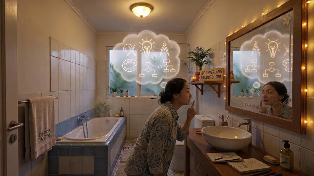 Ilustrasi ide muncul saat anda sedang berada di dalam kamar mandi. (AI Generated)