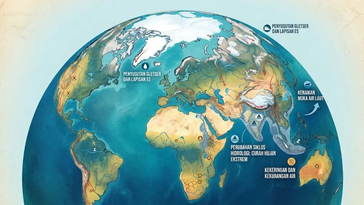Ilustrasi kondisi sumber daya air dunia yang menghadapi perubahan akibat kondisi hidrologi dan penyusutan gletser.