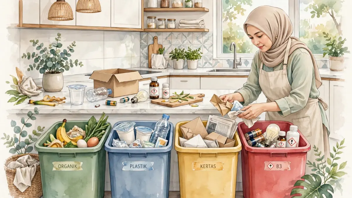 Ilustrasi proses pemilahan sampah rumah tangga, mulai dari kemasan plastik hingga sampah yang membutuhkan penanganan khusus. (AI)